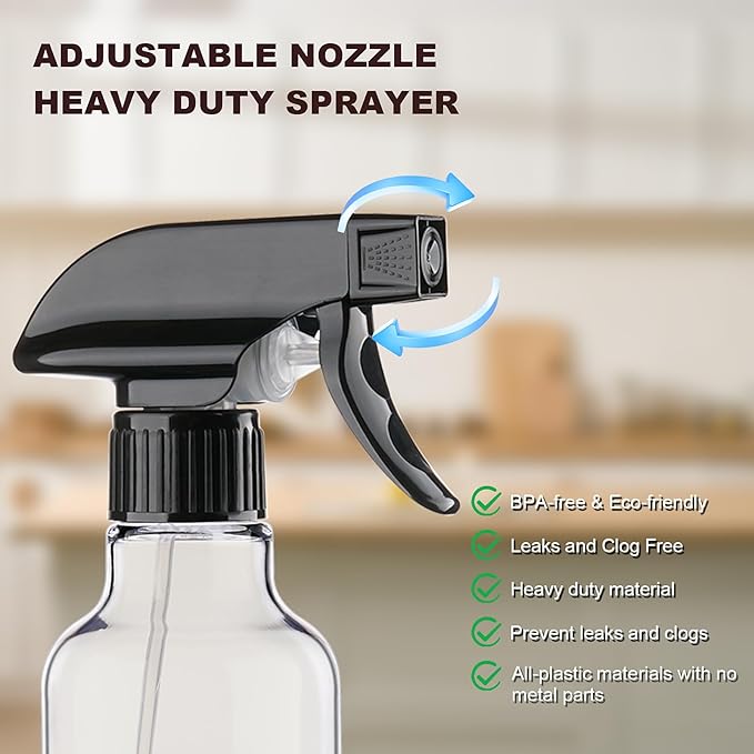 Plastic Spray Bottles 12oz 2 Pack Adjustable Mist/Stream Spraying Heavy Duty Square Water Spray Bottles for Hair, Cleaning Solutions, Plants, Cooking，BBQ，Essential Oils (BlackClear)