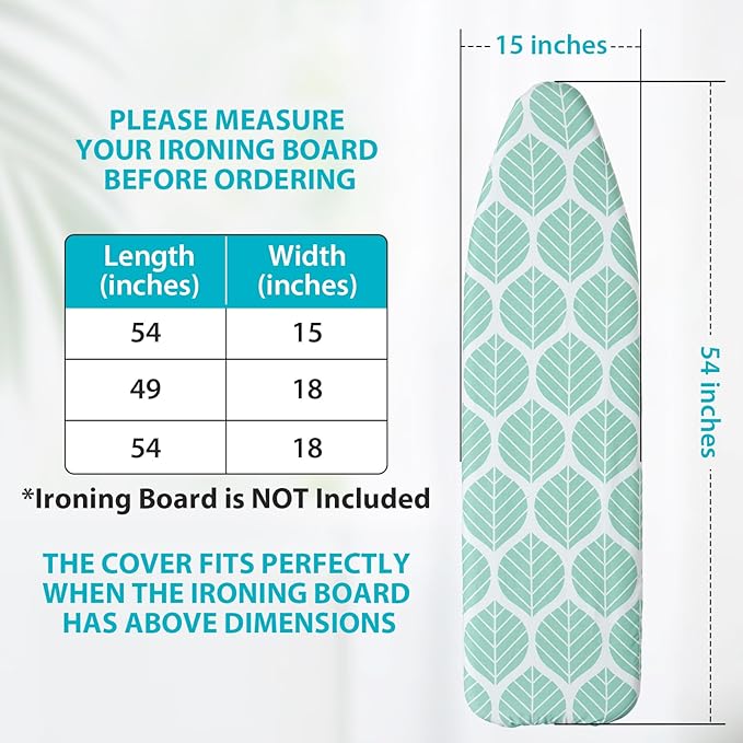 Seiritex Ironing Board Cover and Pad, Standard Size 15 x 54, Thick Padding with Elasticized Edges, Heat Reflective with Hook and Loop Fasteners, 3 Layers Iron Board Cover (Green Leaf)