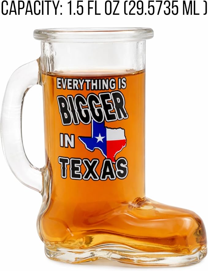 Texas Boot Shot Glass – Everything is Bigger in Texas | Cowboy Boot Shaped Western Glassware | Funny Souvenir Gift, Novelty Party Favor, Country Decor, Collectible Bar Accessory