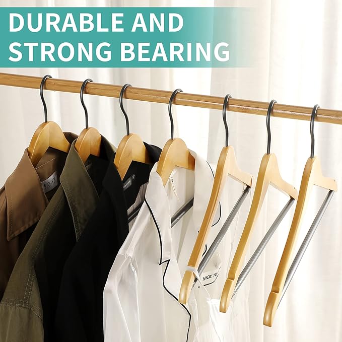 Premium Quality Solid Wood Clothes Hangers for Suits and Coats, Smooth Finishes, Non-Slip Pants Bar, 360° Swivel Soft Coated Hooks. Pack of 20(Clear Natural)