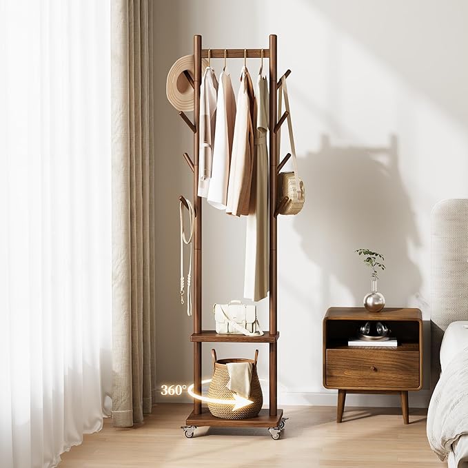 Yoobure Solid Wood Coat Rack Freestanding - Rolling Clothes Rack with 8 Hooks & Shelves, Small Clothing Rack with Wheels, Heavy Duty Clothing Racks for Hanging Clothes, Portable Hall Tree for Entryway