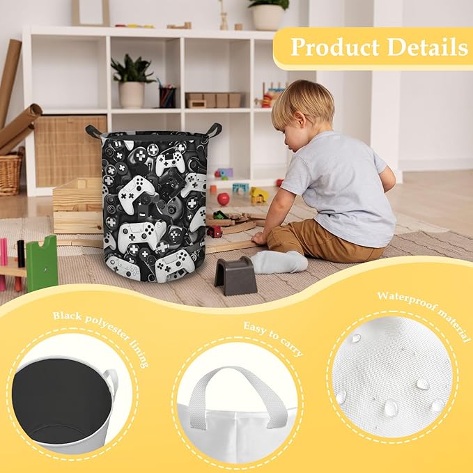 Gaming Gamer Laundry Basket, Toybox for Boys Room, Black and White Game Laundry Basket Hamper Waterproof Collapsible Clothes Toys Storage Bin Organizer for Bedroom Bathroom Boys Gamer Room