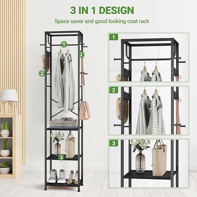 ELYKEN Coat Rack Freestanding, Hall Tree with 3 Storage Shelves and 12 Hooks, Metal Clothes Rack Stand Organizer for Bedroom, Hallway, Entryway, Office, Living Room, Black