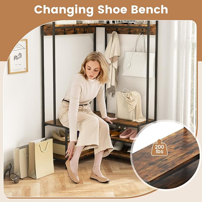 Giantex Corner Coat Rack with Shoe Bench, L-Shaped Garment Rack with 5 Shelves & 7 Hooks, Heavy Duty Freestanding Clothes Rack Entryway Bench with Shoes Organizer for Hallway (Rustic Brown & Black)