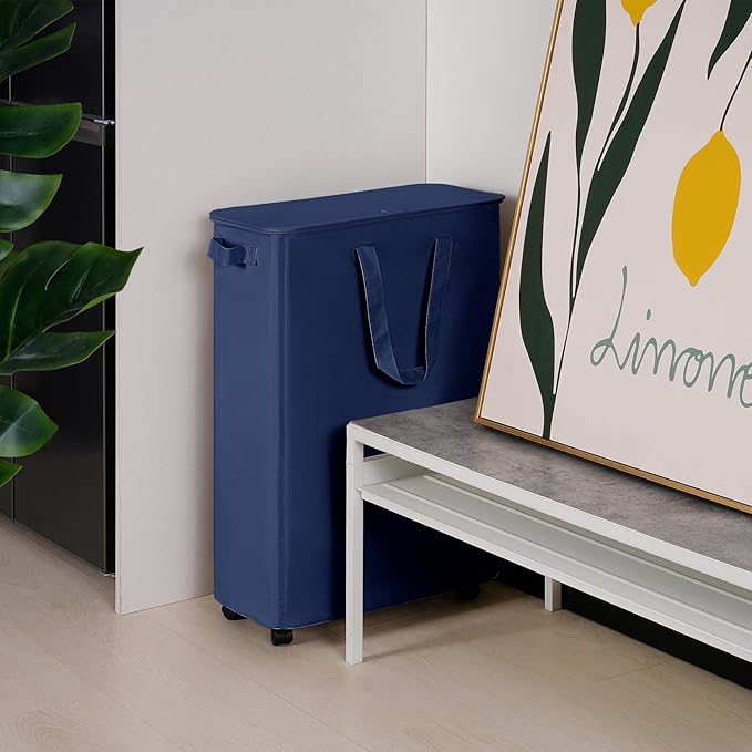 Slim Laundry Hamper with Lid and Wheels, Small Rolling Laundry Basket with Handle for Small Spaces, Tall Dirty Clothes Hampers for Dorm, Bathroom and Bedroom, 75L, Blue