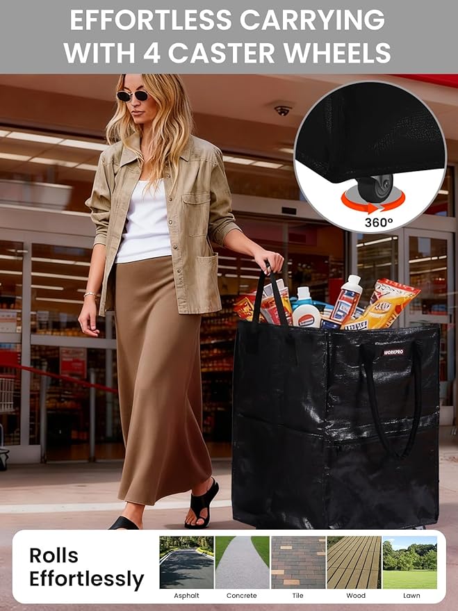 WORKPRO Medium Reusable Grocery Bag on Wheels, Heavy Duty Rolling Shopping Tote with Handle, Folding Trolley on 4 Caster Wheels for Groceries, Laundry, Camping, Moving