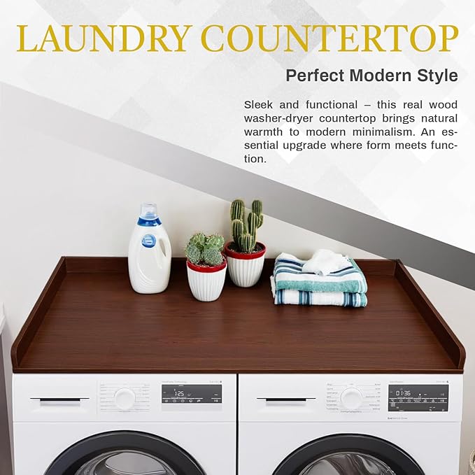 54"x27.5" Washer Dryer Countertop Cover - Laundry Room Table Top with Non-Slip Surface & Protective Edge, Fold Clothes and Detergent Organizer Shelf, Easy Assembly (Brown)