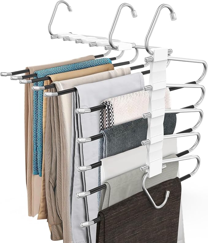3 Pack Pants Hangers Space Saving, Anti-Slip Multi-Functional Pants Rack, Thickened Stainless Steel Tube, Two Hanging Modes Suitable for Jeans Trousers Skirts Scarf-White