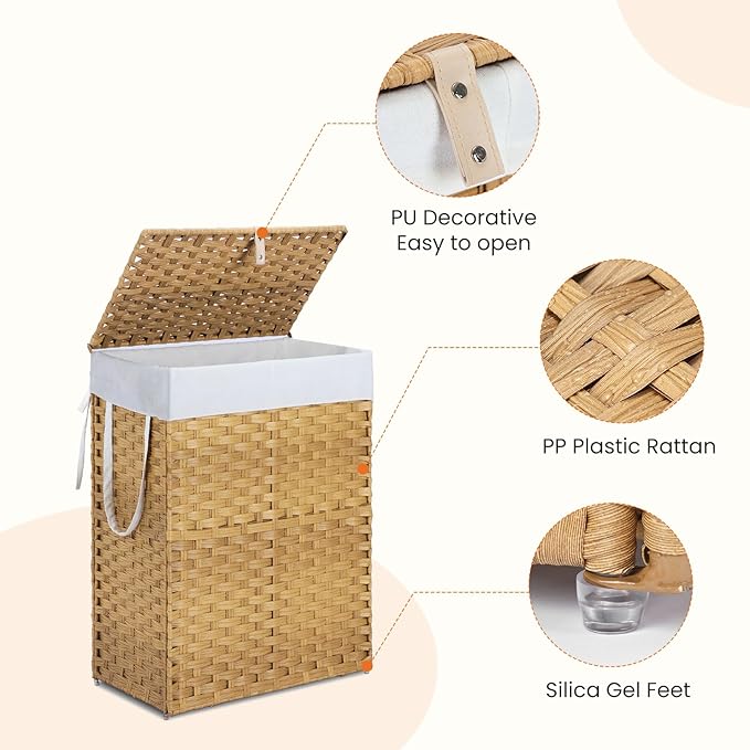 NEWBULIG Foldable Laundry Hamper with Lid, 23.8 Gallon (90L) Large Capacity Clothes Basket, Double Insert Storage Organizer Bin for Bedroom, Bathroom & Laundry Room, Yellow