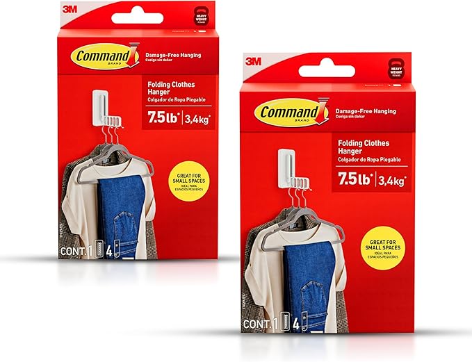 Command Folding Clothes Hanger, Holds up to 5 Hangers 7.5 lb, 1.5lbs per Rung, 1 Hook with 5 Rungs, 4 Strips, Closet Organizer, Home Organization (2 Pack)