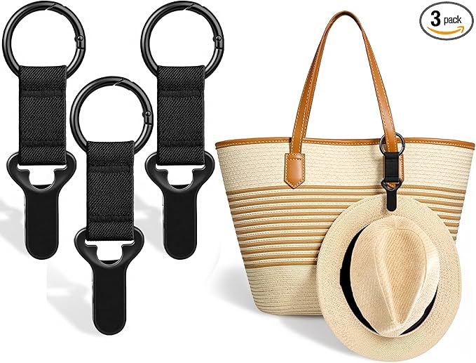 Niveaya Hat Clip for Travel on Bag - 3 Pack, Vacation Beach Cruise Essentials Accessory for Travel Handbag Backpack Luggage, Securely Hold to Keep Hat Shaped, Hands-Free, 3Pcs Black