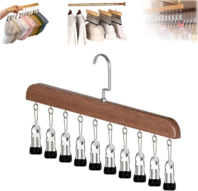 Closet Organizer with 10 Clips, Space Saving Hanging Closet Organizer, Space-Saving Hat Scarf Clothespins for Jeans Skirts Socks Pant Hangers with Clips (Vintage-10 Clips, 1PC)