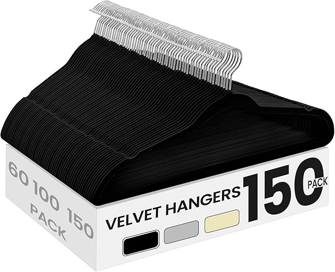 SONGMICS Velvet Hangers 150 Pack, Non-Slip Clothes Hangers with Silver-Colored Swivel Hooks, Slim Space-Saving for Closet, Heavy-Duty, Black UCRF046BZ03S
