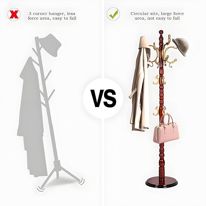 Coat Rack Freestanding, Wooden Tree Coat Rack Stand with 3 Adjustable Sizes Coat Tree and 14 Hooks, Sturdy Hall Tree with Solid Round Base for Entryway, Hallway,Bedroom (Begonia)
