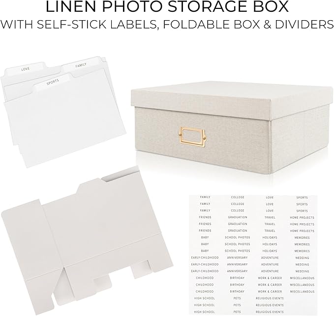 ZICOTO Decorative Photo Storage Box - Sturdy Linen Photo Organizer with Dividers is Perfect to Store Up to 1700 Pictures and 4x6 Photos - Portable Scrapbook Storage Containers with Lid