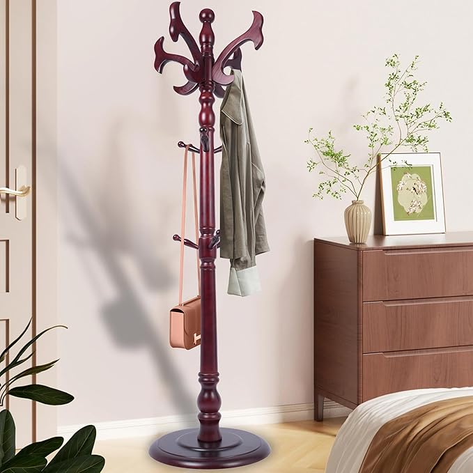 Free Standing Coat Rack with 14 Hooks, Vintage Wooden Coat Tree, Adjustable Height 73 Inches, Retro Coat Stand for Entryway, Living Room, Office & Bedroom (Mahogany) (fishtail, 1 PCS)