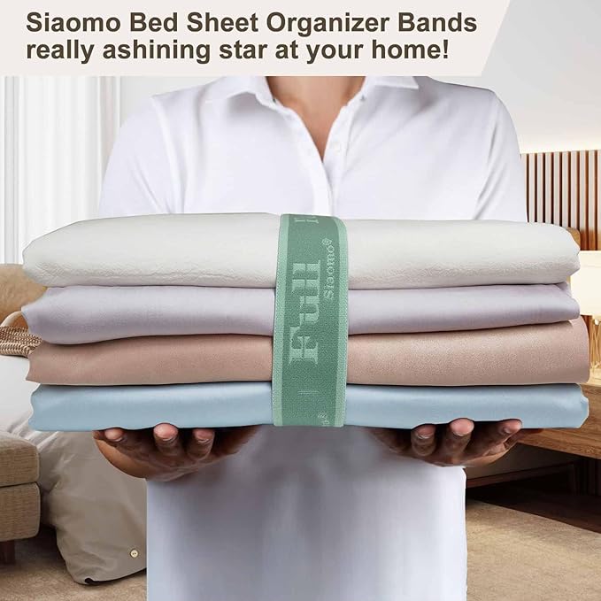 Bed Sheet Organizer Bands, Sheet Set Storage Label Bands, Elastic Bedding Sheet Straps Wraps for Organizing Linen Closet （Full 4PCs | Green）