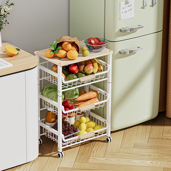 JAQ Slide Out Fruit Vegetable Basket for Kitchen, 4-Tier Rolling Storage Cart with Wooden Handle & Top, Metal Wire Produce Rack for Pantry Organization, Onion Potato Storage Bins for Small Space,White