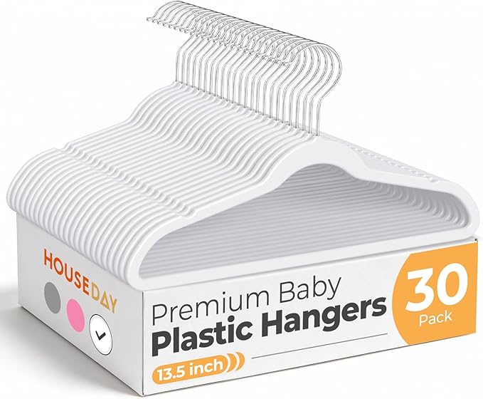 HOUSE DAY 13.5 Inch Kids Hangers 30 Pack - Premium ABS Plastic Clothes Hangers for Kids, Children, Preteens - Space Saving Thin Profile, Strong & Durable Hangers with 360° Swivel Hook - White