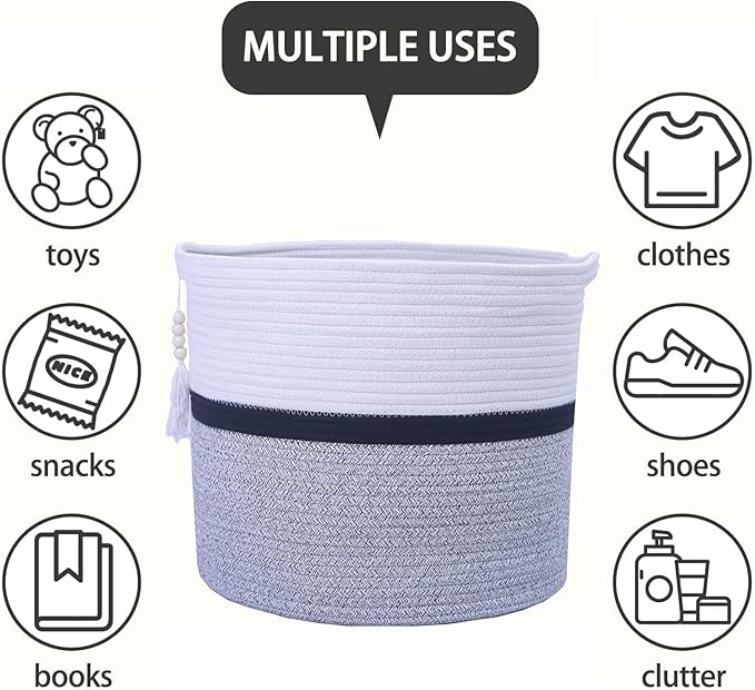 Cotton Rope Storage Bin,Natural Handmade Woven Hamper for Living Room,Blanket Basket for Clothes, Pillows, Towels (black, 55L)