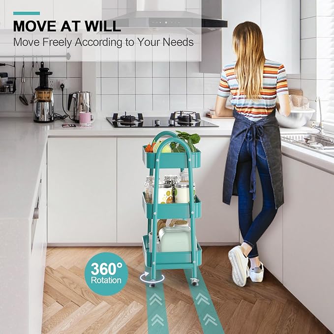 EAGMAK 3 Tier Utility Rolling Cart, Metal Storage Cart with Handle and Lockable Wheels, Multifunctional Storage Organizer Trolley with Mesh Baskets for Kitchen, Living Room, Office, Garage (Turquoise)