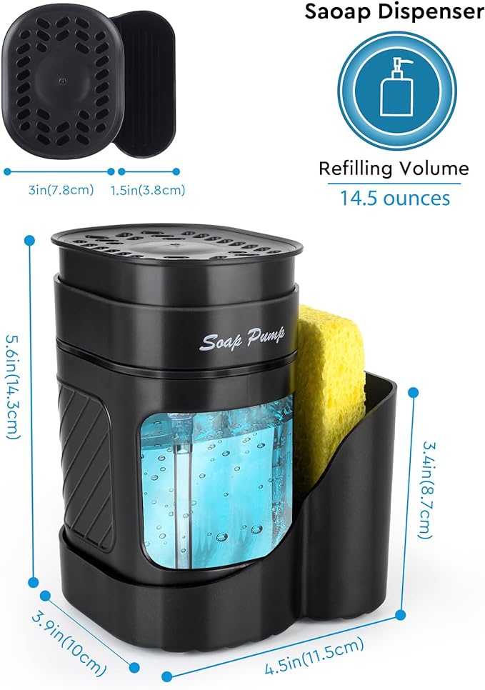 Kitchen Dish Soap Dispenser with Sponge Holder, 3-in-1 Countertop Dishwashing Soap Pump Dispenser Set for Kitchen Sink, Useful Kitchen Gadgets - Black