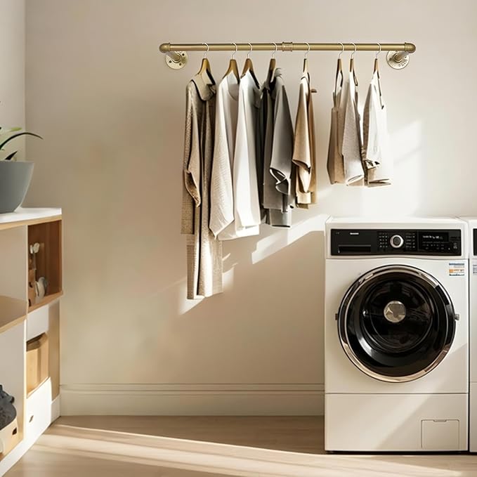AddGrace Industrial Iron Pipe Clothing Garment Rack Wall Mounted Closet Rod Retail Display Rack Closet Storage Clothes Organizer Gold