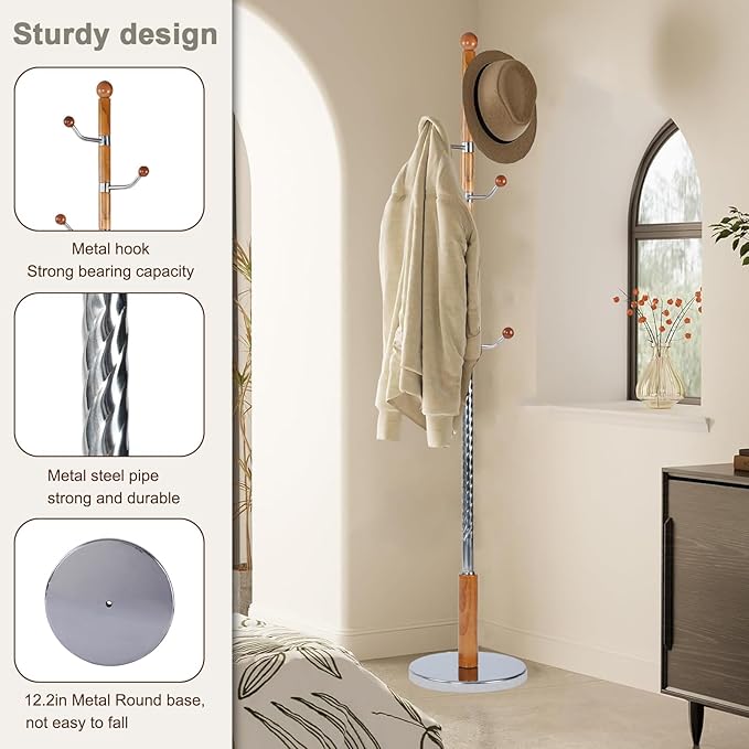 Wooden coat rack stand, Heavy duty coat racks tree freestanding with 6 Hooks and Sturdy Metal Base, Coat tree for jacket,Hats, Bags, Purses, clothes (Round base-Natural)