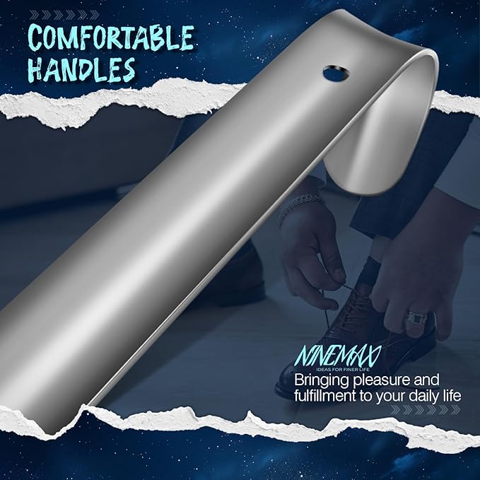 NINEMAX Shoe Horn Long Handle for Seniors Men Women, Metal Long Shoehorn Boot Horn 16.5'', Small Travel Stainless Steel Shoe Spoon Helper for Kids 7.5''