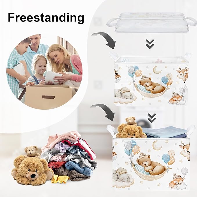 Sleeping Animals Baby Laundry Hamper Collapsible Clothes Kids Storage Basket Large Boys Girls Gift Toy Box Bin for Nursery, Bear, 36L