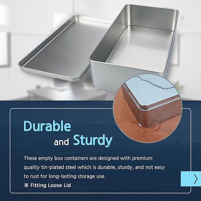 Silver Metal Tin Box Lids - Large Containers, Holder for Keeping Car Keys, Cookie, Pencil Case, 8.2 x 4.7 x 2.4 inch