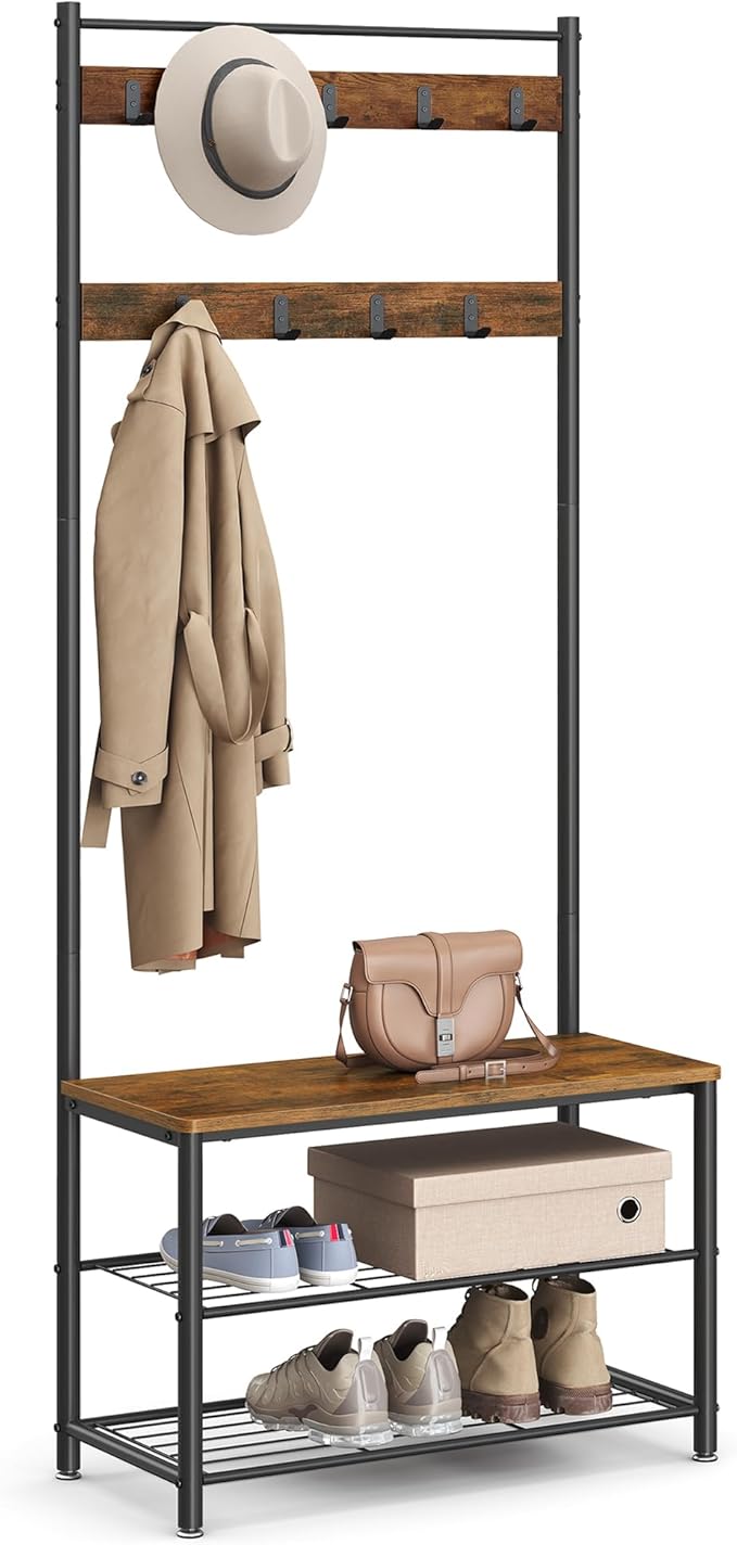 VASAGLE Coat Rack, Hall Tree with Shoe Storage Bench, Entryway Bench with Shoe Storage, 3-in-1, Steel Frame, for Entryway, 12.6 x 27.6 x 68.9 Inches, Industrial, Rustic Brown and Black UHSR41BX