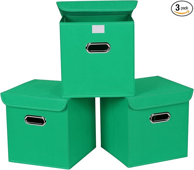 Closet Organizers Fabric Storage Bins With Lids Collapsible Cube Storages Organizer Basket With Handles,Storage Boxes for Clothes Storage,Office,Toys,3 Pack,（Green