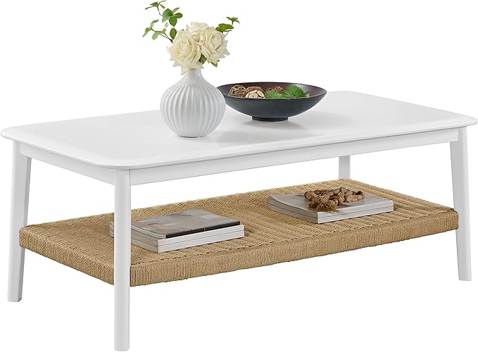 Alaterre Furniture Calais Modern Coffee Table for Living Room - 48 Inch 2-Tier Wooden Rectangular Living Room Table with Woven Storage Shelf - Mid Century Modern Furniture (White)