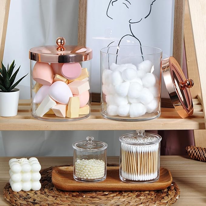 SheeChung 3 Pack 50 Oz Large Apothecary Jar with Rose Gold Rust-Proof Lid - Shatterproof Plastic Laundry Pods Container - Chic Rose Gold Bathroom & Vanity Storage Organizer for Scent Beads, Salts