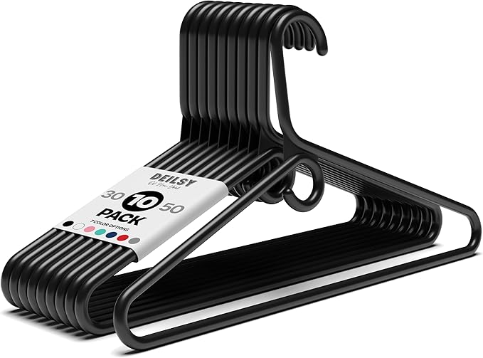 DEILSY™ Black Heavy Duty Hangers with Hooks for Scarves & Belts – Thick and Strong Clothes Hangers for Shirts, Jackets, Pants, and Dresses – Space-Saving Plastic Hangers – Pack of 10