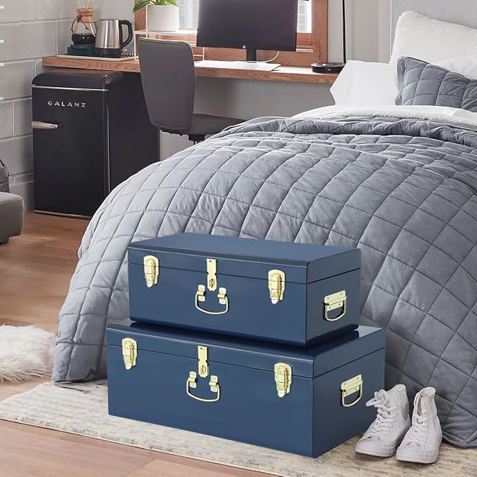 Vixdonos Decorative Large Metal Box Storage Trunk Chest Set of 2 College Dorm Organizer with Hardware Hasps and Handle for Home Deocr,23.7X14.2X9.5 Inches,Dark Blue
