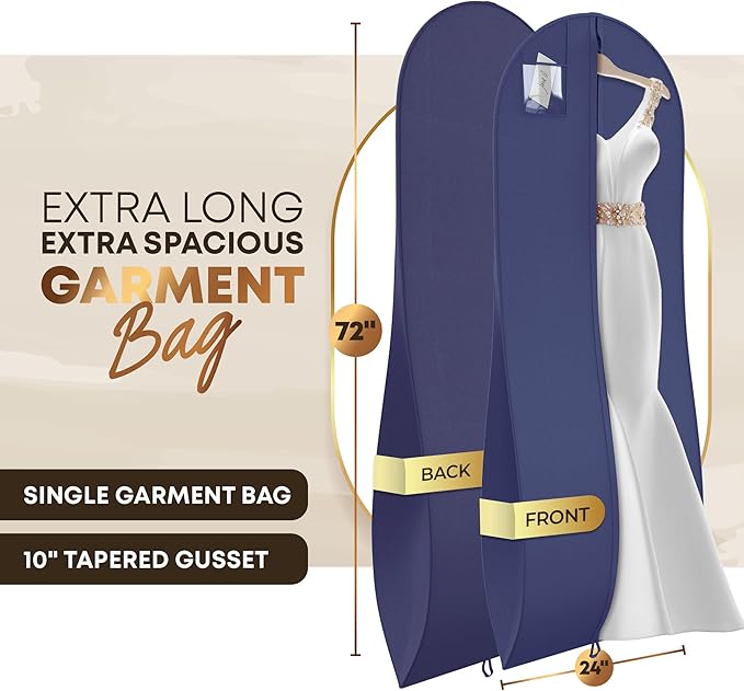 72" Tapered Long Dress Bags for Gowns - Wedding Dress Garment Bag for Dresses - Long Garment Bags for Hanging Clothes & Closet Storage, Dress Bag for Airplane