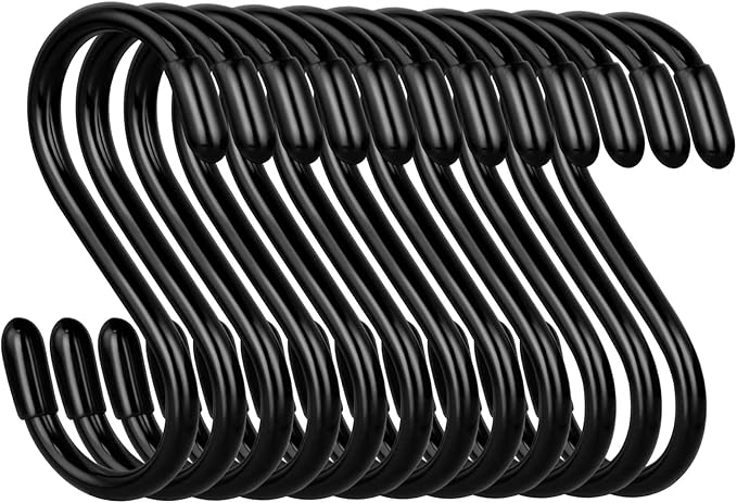 3 Inch Vinyl Coated S Hooks, 12 Pack S Hooks for Hanging Plants Heavy Duty, Small Non Slip Black Rubber Coated Metal Closet Rod Hooks for Hanging Jeans Plants Basket Bags Jewelry Towel Pot Pan Cup