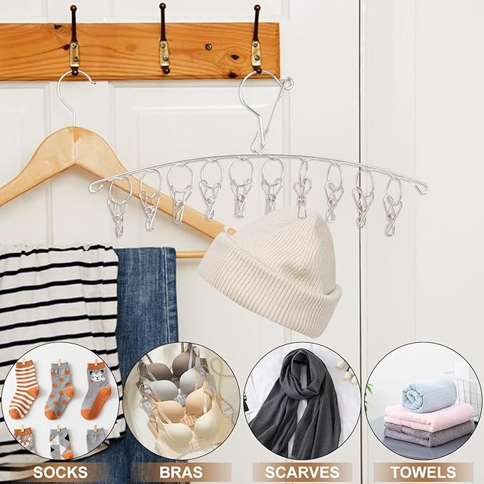 16 Pack 14 inch Stainless Steel Drying Rack with 10 Clips, Sock Drying Rack with Windproof Clips, Stainless Steel Clothes Hanger for Bras, Clothes, Sock & Underwear Towels