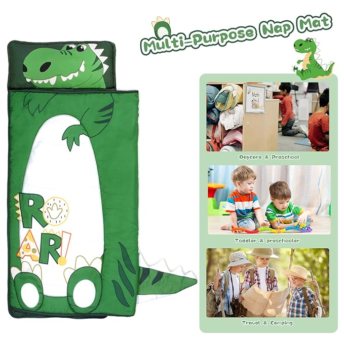 Dinosaur Toddler Nap Mat with Removable Pillow and Blanket Kids Sleeping Bag with Pillow Reinforced Stitching Machine-Washable, Soft Nap Mats for Daycare, Travel, Camping 53"x21"