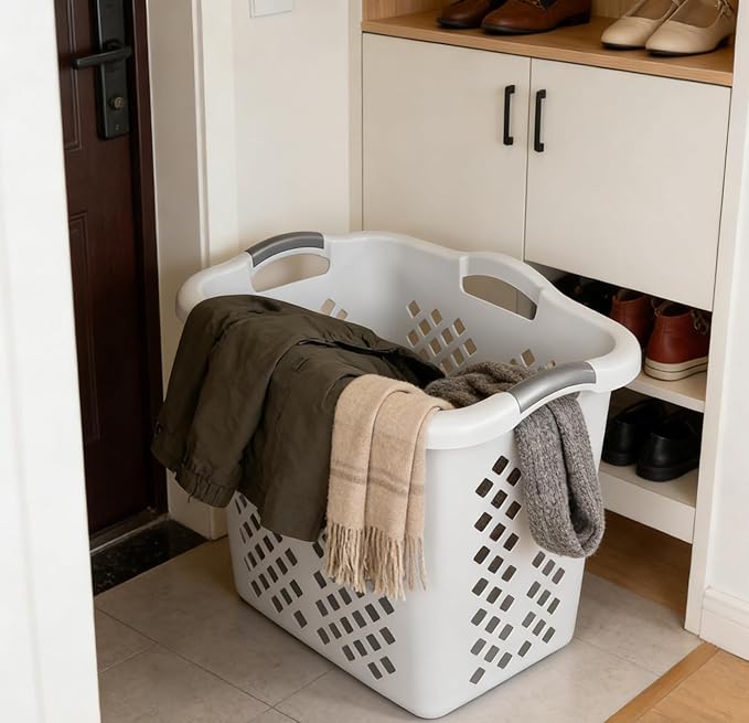 2-Pack Ultra Portable Plastic Laundry Basket With Silver Handle, Suitable For Dirty Laundry Basket Boxes In Homes And Apartments, White