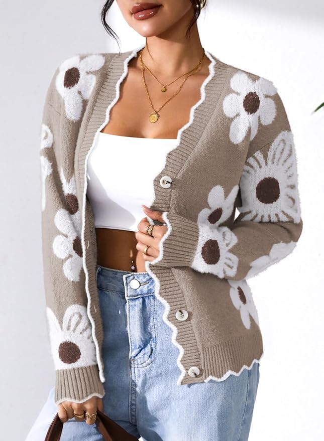 Pink Queen Fuzzy Sweater Cardigan for Women 2025 Fashion Long Sleeve Flower Outerwear Button Down Open Front Cardigan Coat