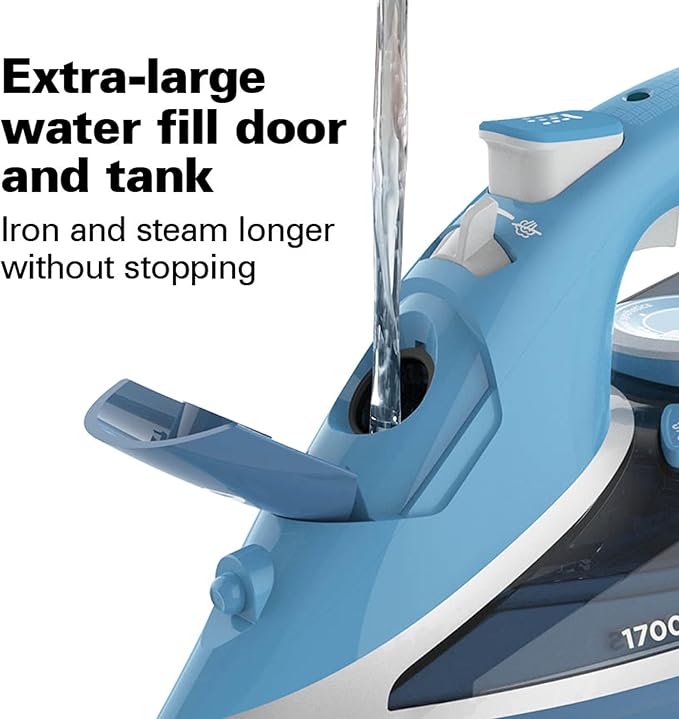 Hamilton Beach Steam Iron for Clothes & Garment Steamer with Durable Stainless Steel Soleplate, 1700 Watts for Ultra-Fast Heat, 8’ Retractable Cord, Auto Shutoff, 350 ml Water Tank, Blue (14216)