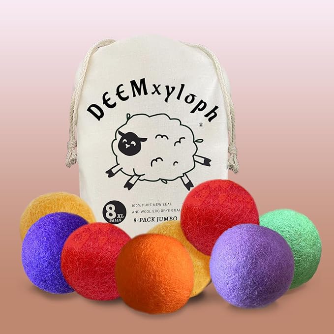 Solid Color Wool Dryer Balls 8-Pack,Hypoallergenic Softener Alternative, Assorted Pure Hues, All-Season Performance Cut Drying Time & Static for Organic Cotton