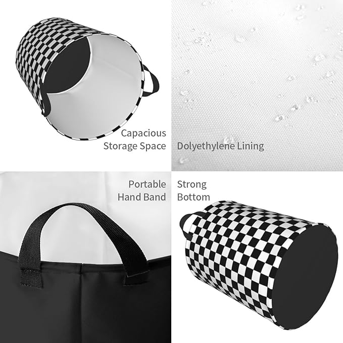 Laundry Basket Black White Checkered Decor - Waterproof Laundry Hamper Race Car Room Decor Collapsible Laundry Baskets With Handles - Toy/Clothes Storage Basket For Home Bedroom Bathroom Decor