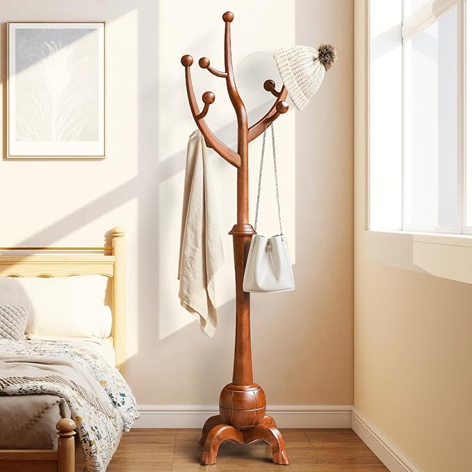 Wooden Coat Rack Freestanding with 8 Hooks, Heavy Duty Coat Hanger Stand with Stable Base, Vintage Coat Tree Standing Coat Racks for Entryway, Hallway, Bedroom (Light Brown)