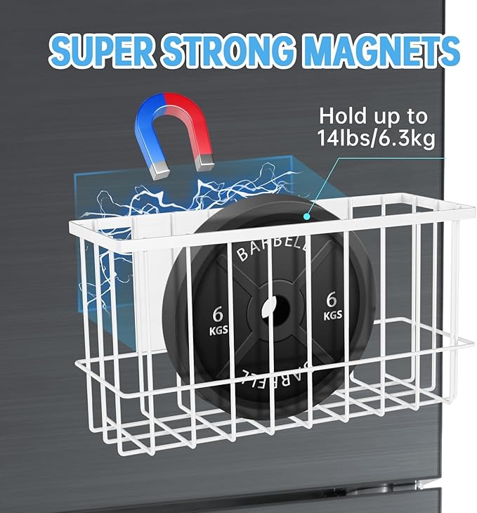 NiHome Magnetic Metal Basket Organizers, 2PCS Medium & Small, Versatile Storage for Kitchen & Office Holds Up to 14 lbs, Easy Attach to Refrigerator or Any Magnetic Surface(White)