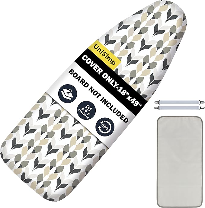 Ironing Board Cover and Pad 18"x49" Extra Thick Natural Cotton, Scorch and Stain Resistant Iron Board Cover, Wide Ironing Board Cover with Fasteners Heavy Duty Heatproof Elastic Edge Foliage