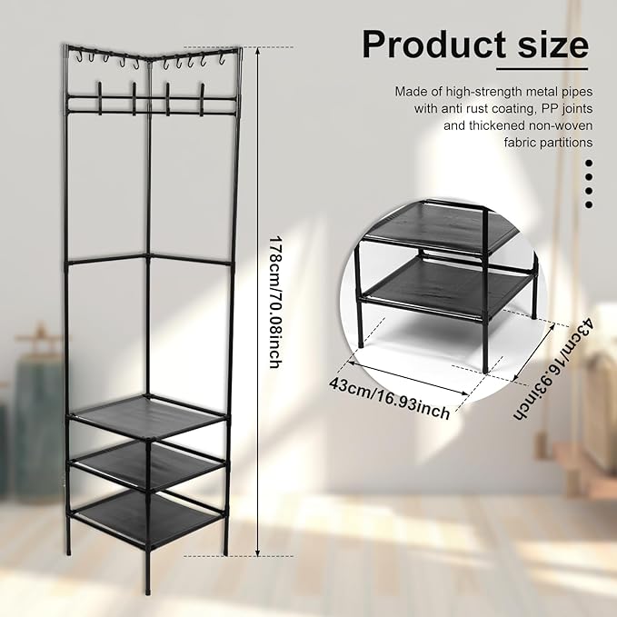 Corner Hall Tree, Freestanding Coat Rack with 3 Tier Shoes Rack Storage and 10 Movable Hooks, Corner Storage Organizer, Metal Entryway Coat Rack, Waterproof Corner Organizer Coat Rack for Home (Black)